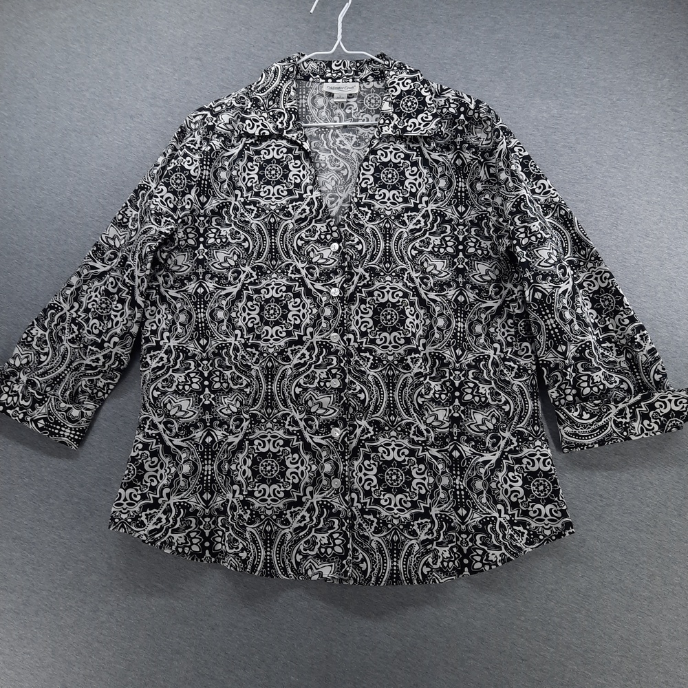 Coldwater Creek Shirt Womens L Black Paisley Collared 3/4 Sleeve Button Top